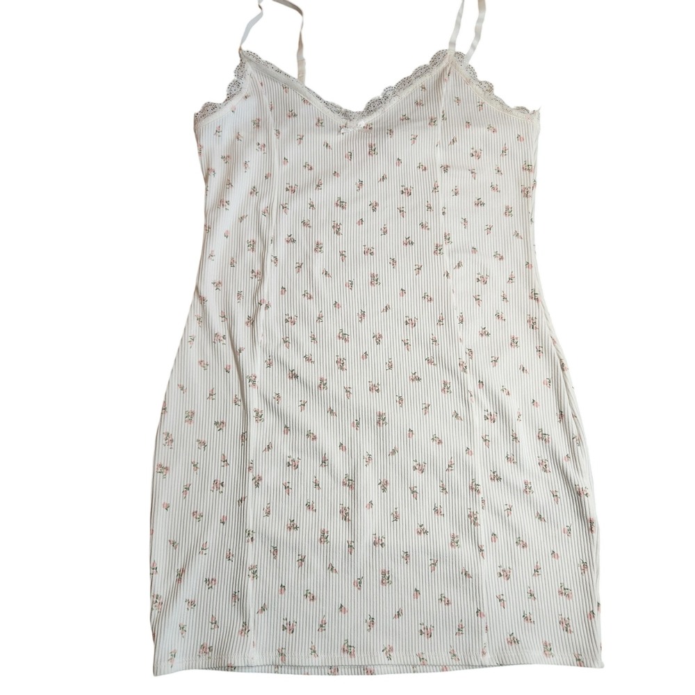 Divided Pink Floral Ribbed Lace Trim Cami Mini Dress Cream Large